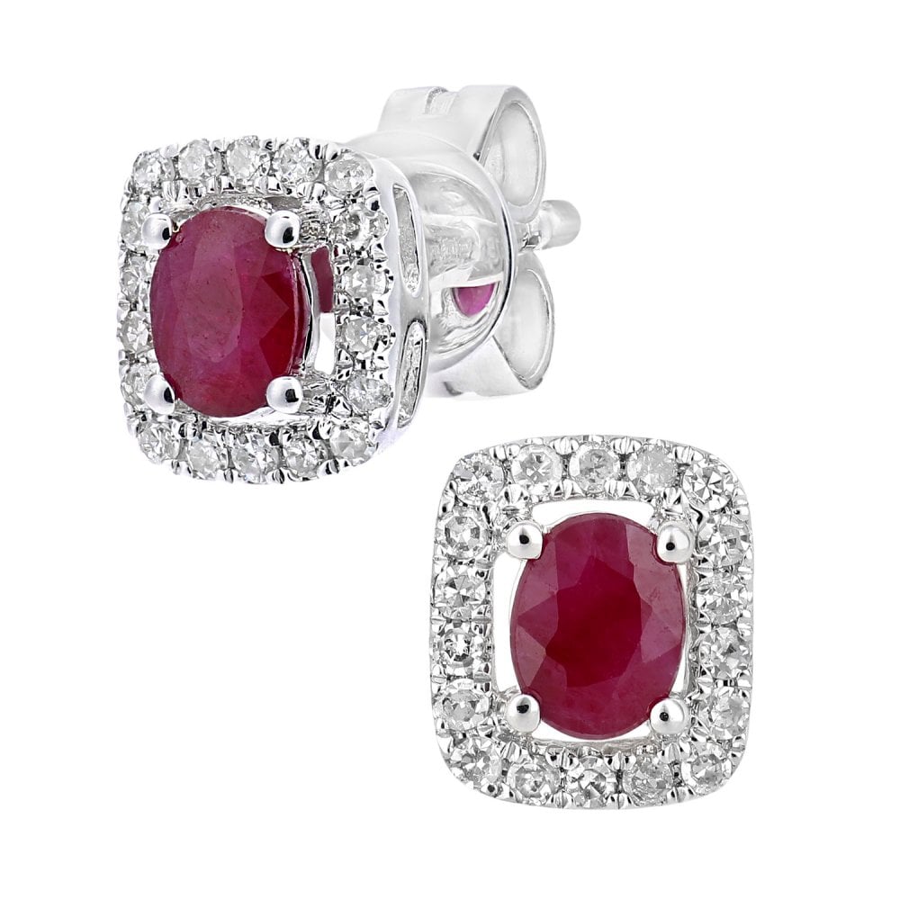 SPARKLD 9ct White Gold Oval Ruby Cluster 0.13ct Diamond Stud Earrings rb