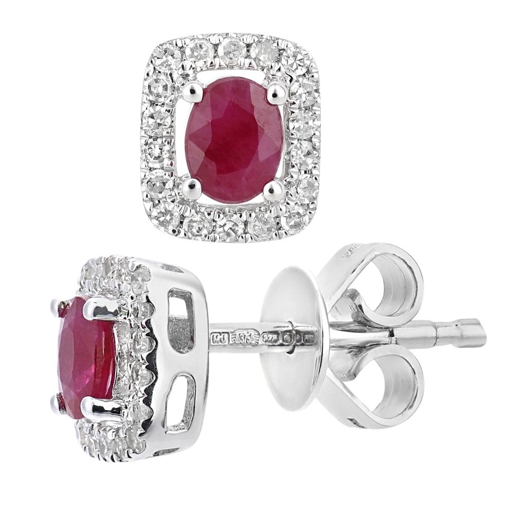 SPARKLD 9ct White Gold Oval Ruby Cluster 0.13ct Diamond Stud Earrings rb