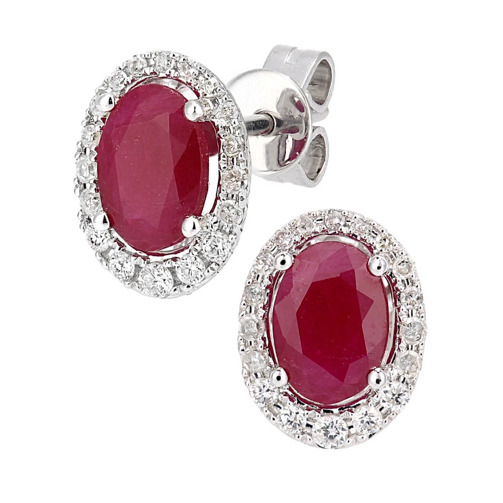 SPARKLD 9ct White Gold Oval Ruby Cluster 0.20ct Diamond Stud Earrings