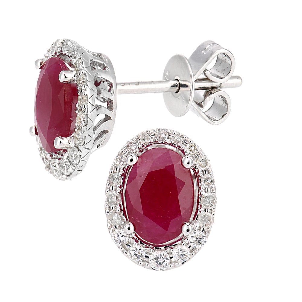 SPARKLD 9ct White Gold Oval Ruby Cluster 0.20ct Diamond Stud Earrings