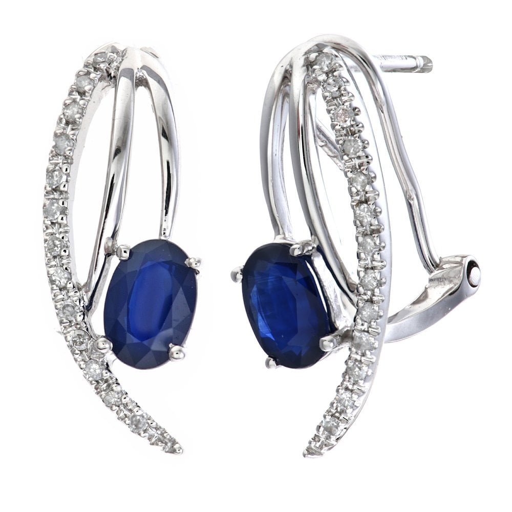SPARKLD 9ct White Gold Oval Sapphire 0.13ct Diamond Stud Earrings