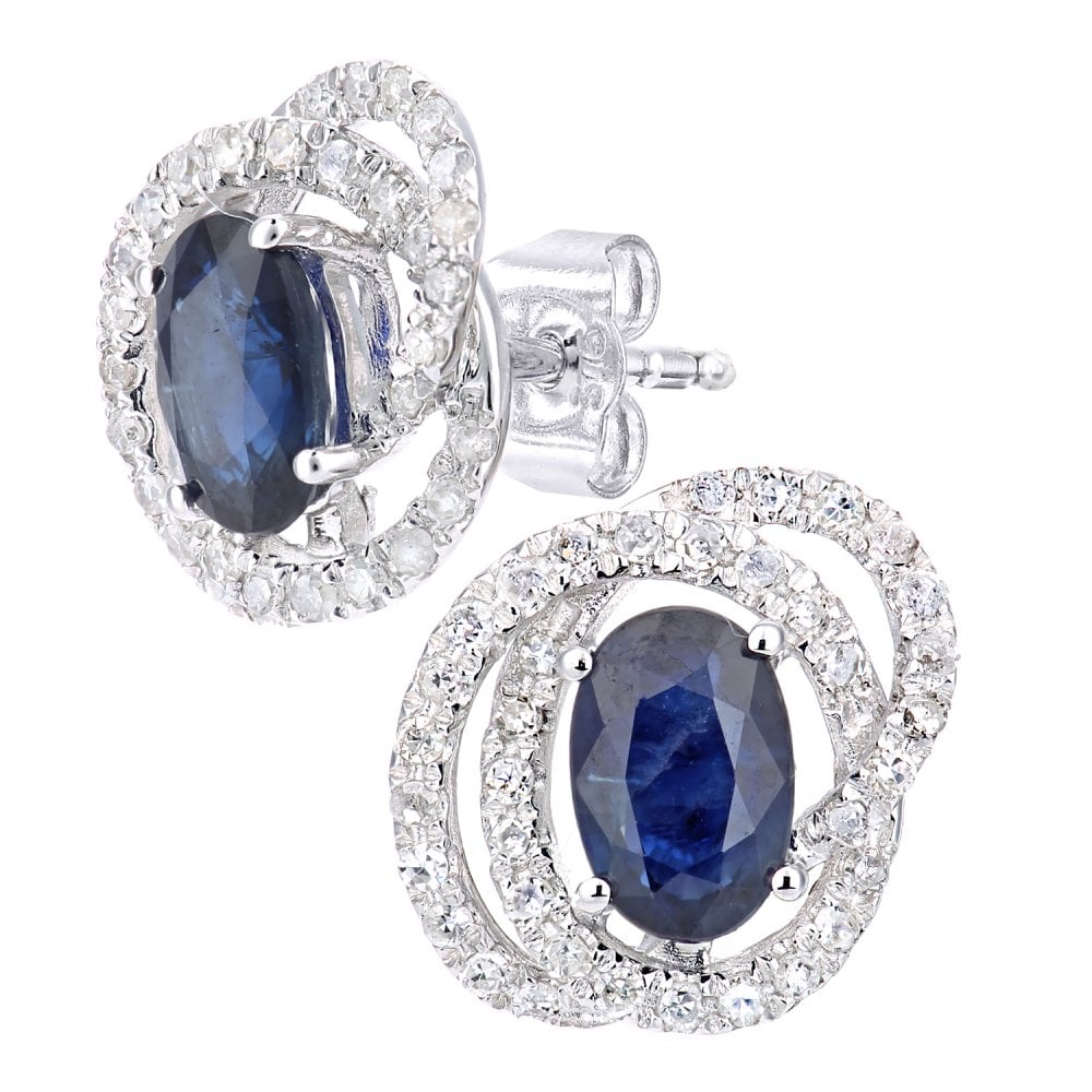 SPARKLD 9ct White Gold Oval Sapphire and 0.25ct Diamond Cluster Stud Earrings
