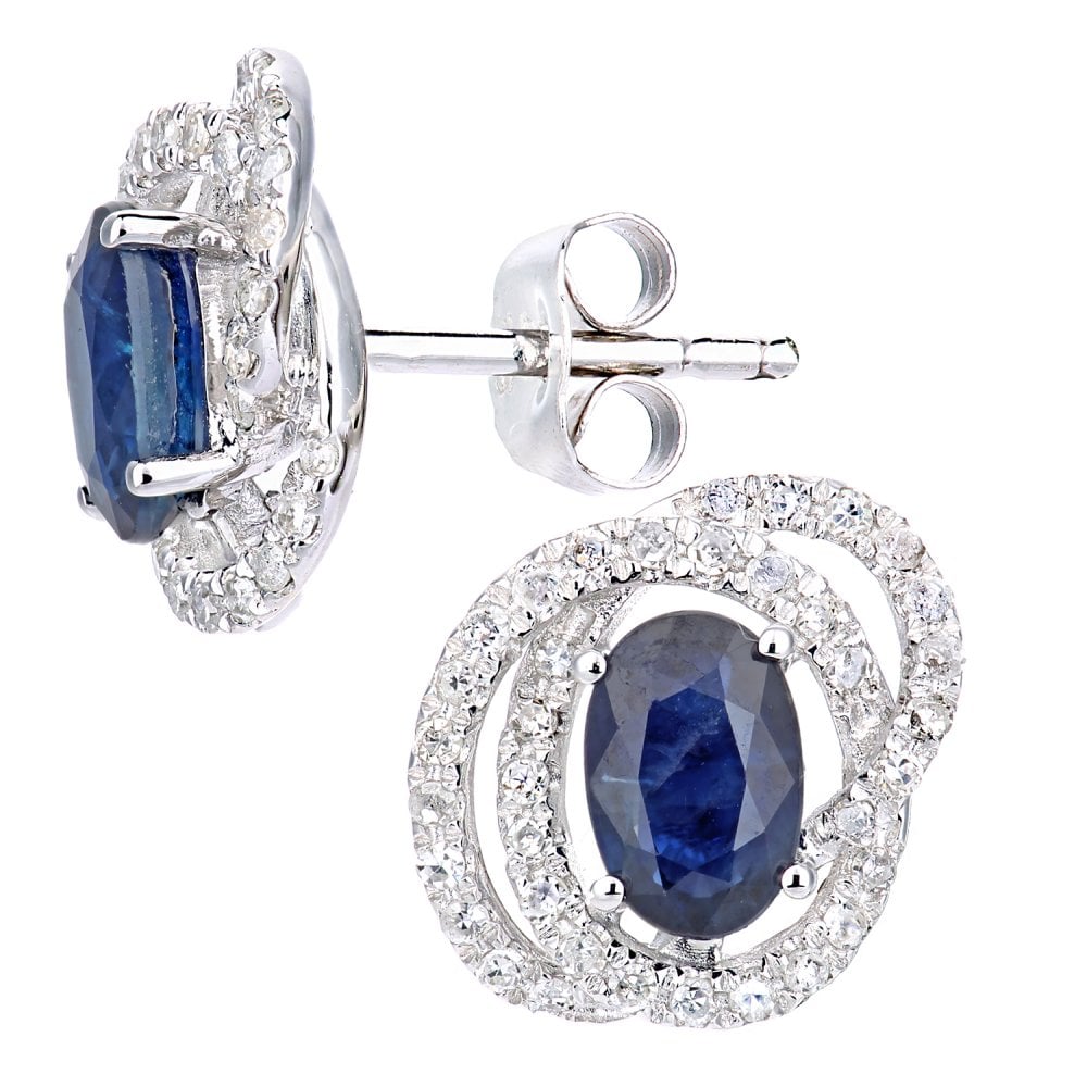SPARKLD 9ct White Gold Oval Sapphire and 0.25ct Diamond Cluster Stud Earrings