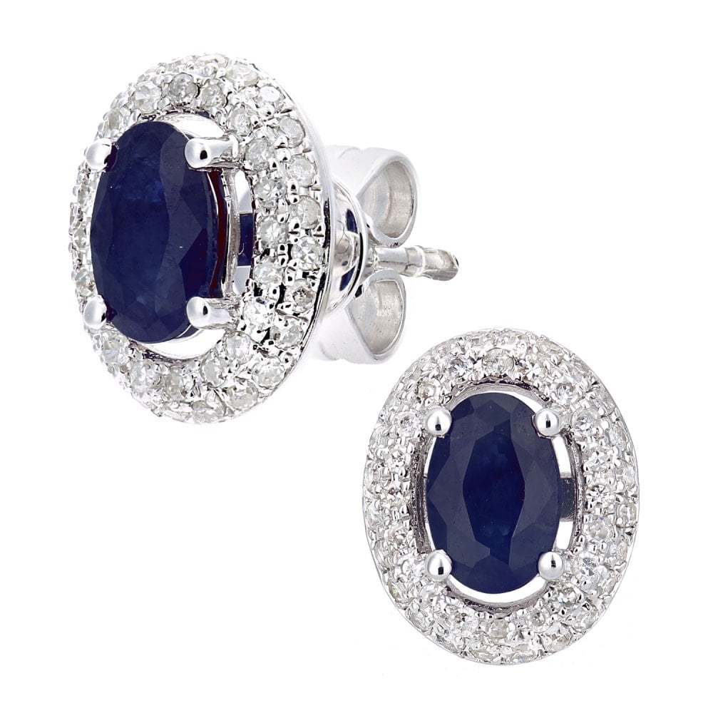 SPARKLD 9ct White Gold Oval Sapphire and 0.30ct Diamond Cluster Earrings