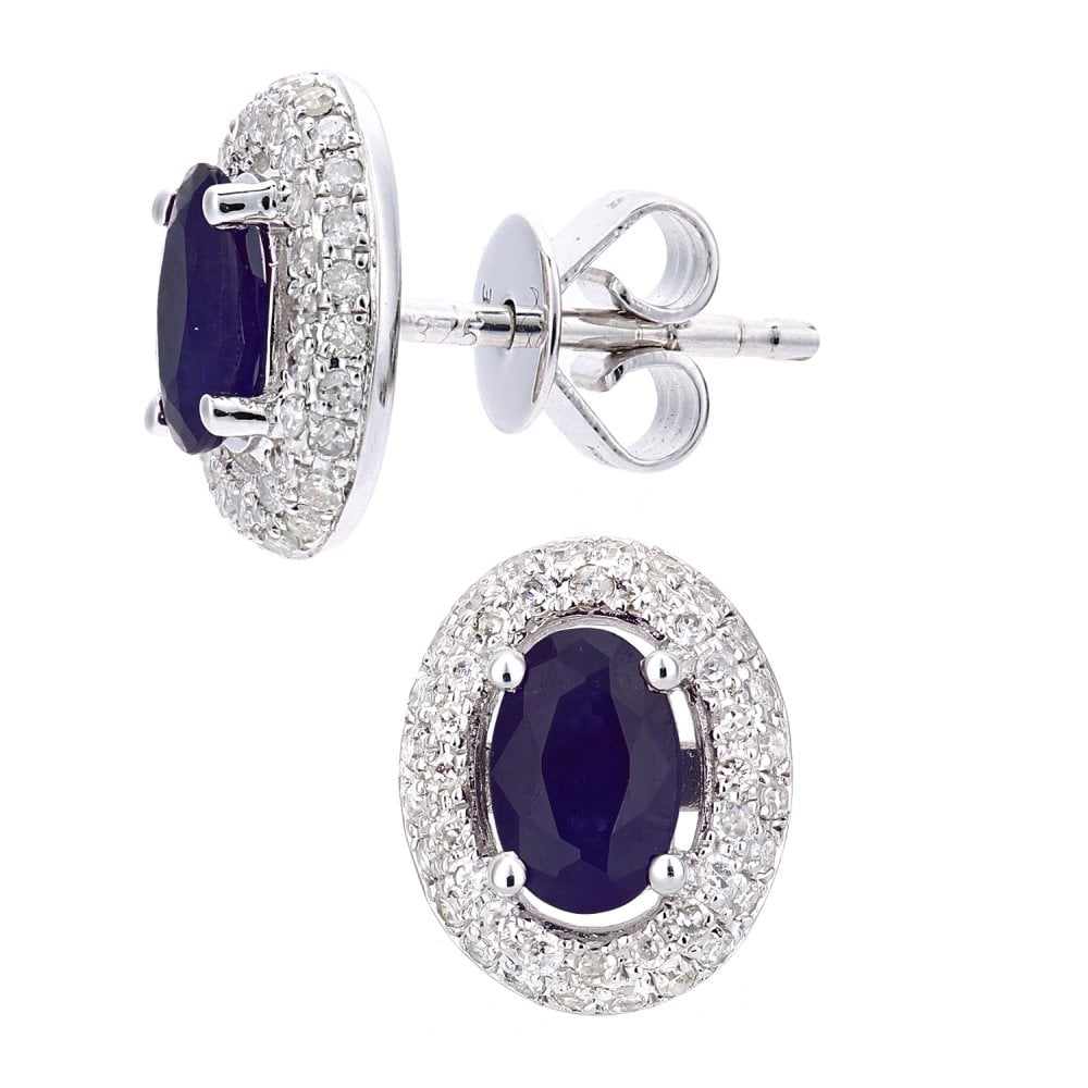 SPARKLD 9ct White Gold Oval Sapphire and 0.30ct Diamond Cluster Earrings