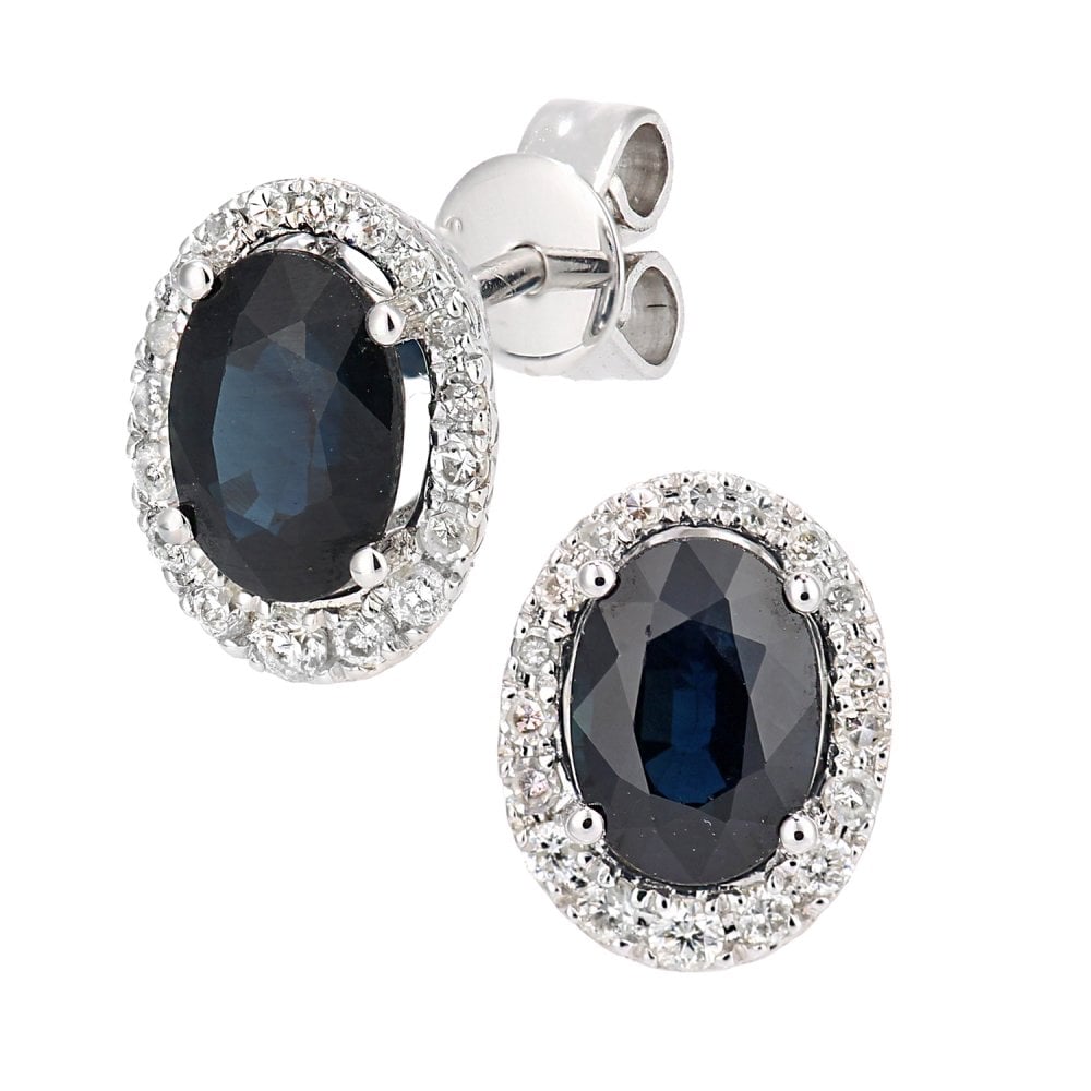 SPARKLD 9ct White Gold Oval Sapphire Cluster 0.20ct Diamond Stud Earrings