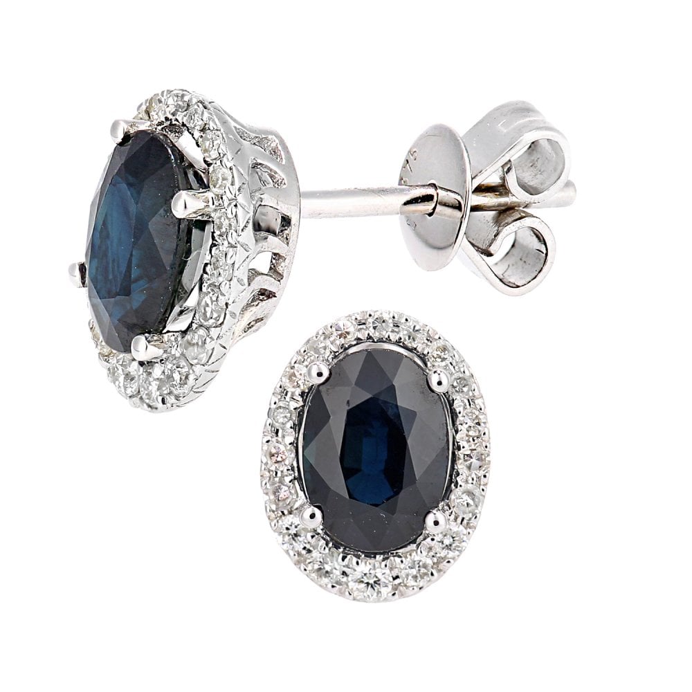 SPARKLD 9ct White Gold Oval Sapphire Cluster 0.20ct Diamond Stud Earrings