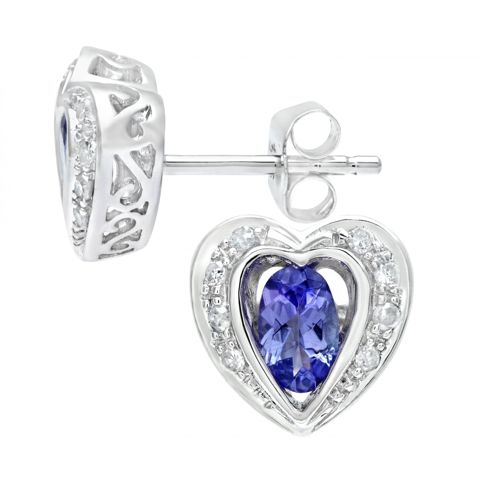 SPARKLD 9ct White Gold Oval Tanzanite and 0.08ct Diamond Heart Stud Earrings