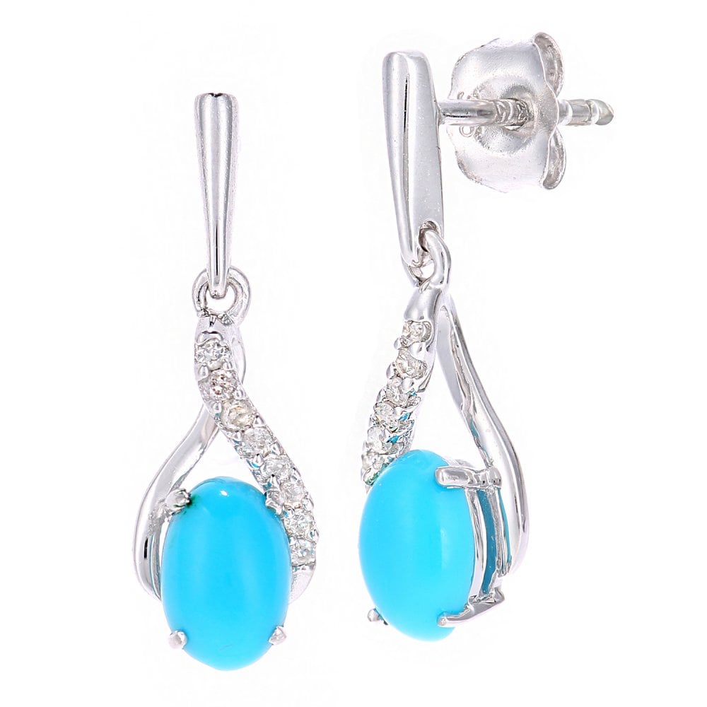 SPARKLD 9ct White Gold Oval Turquoise Crossover 0.05ct Diamond Drop Earrings