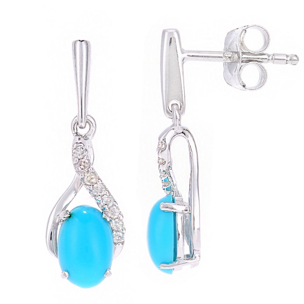 SPARKLD 9ct White Gold Oval Turquoise Crossover 0.05ct Diamond Drop Earrings