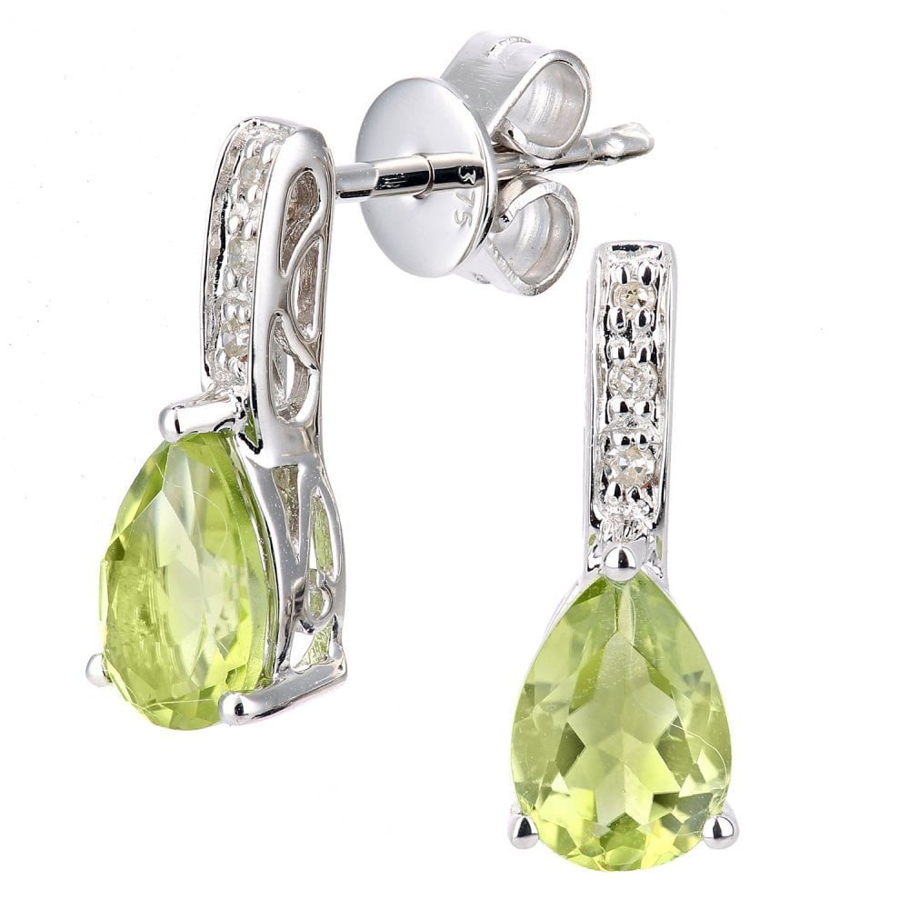 SPARKLD 9ct White Gold Peridot Teardrop 0.03ct Diamond Drop Earrings