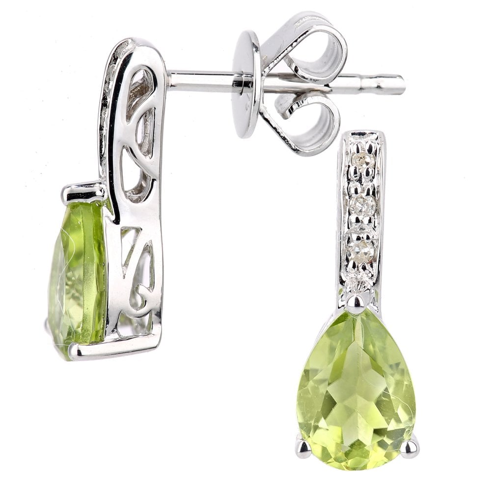 SPARKLD 9ct White Gold Peridot Teardrop 0.03ct Diamond Drop Earrings