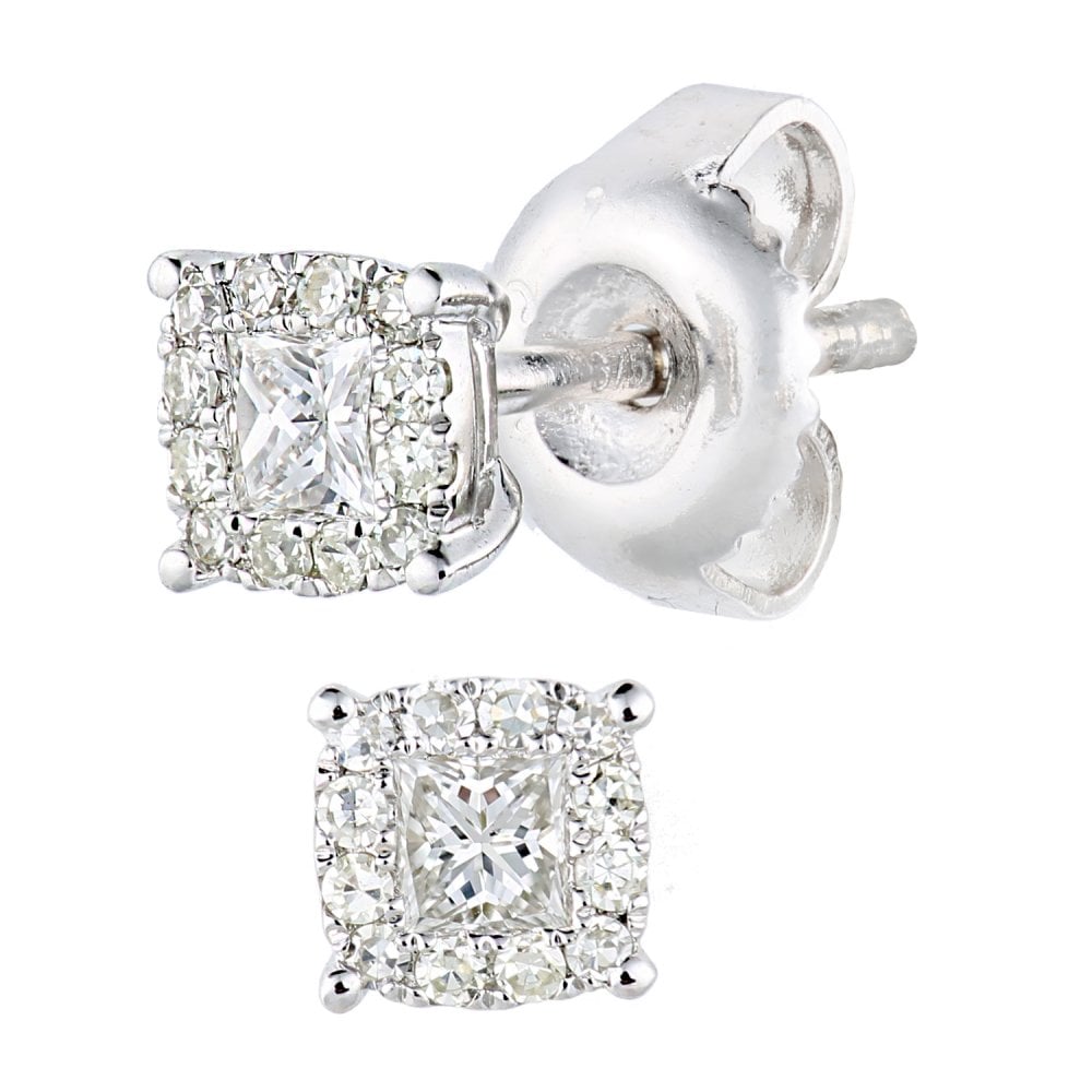 SPARKLD 9ct White Gold Princess 0.20ct Diamond Halo Stud Earrings