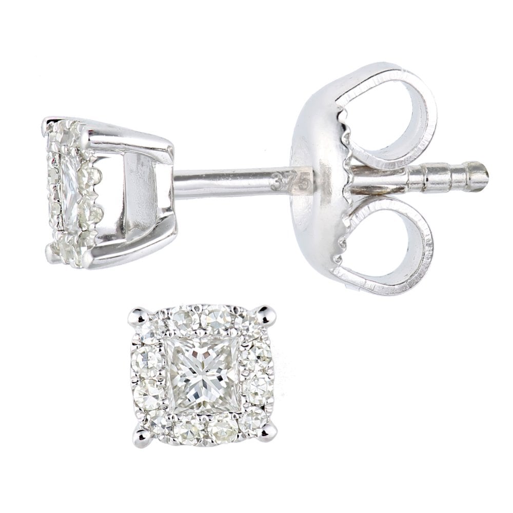 SPARKLD 9ct White Gold Princess 0.20ct Diamond Halo Stud Earrings