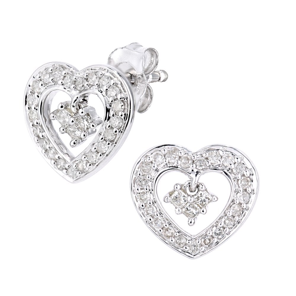 SPARKLD 9ct White Gold Princess 0.23ct Diamond Heart Stud Earrings