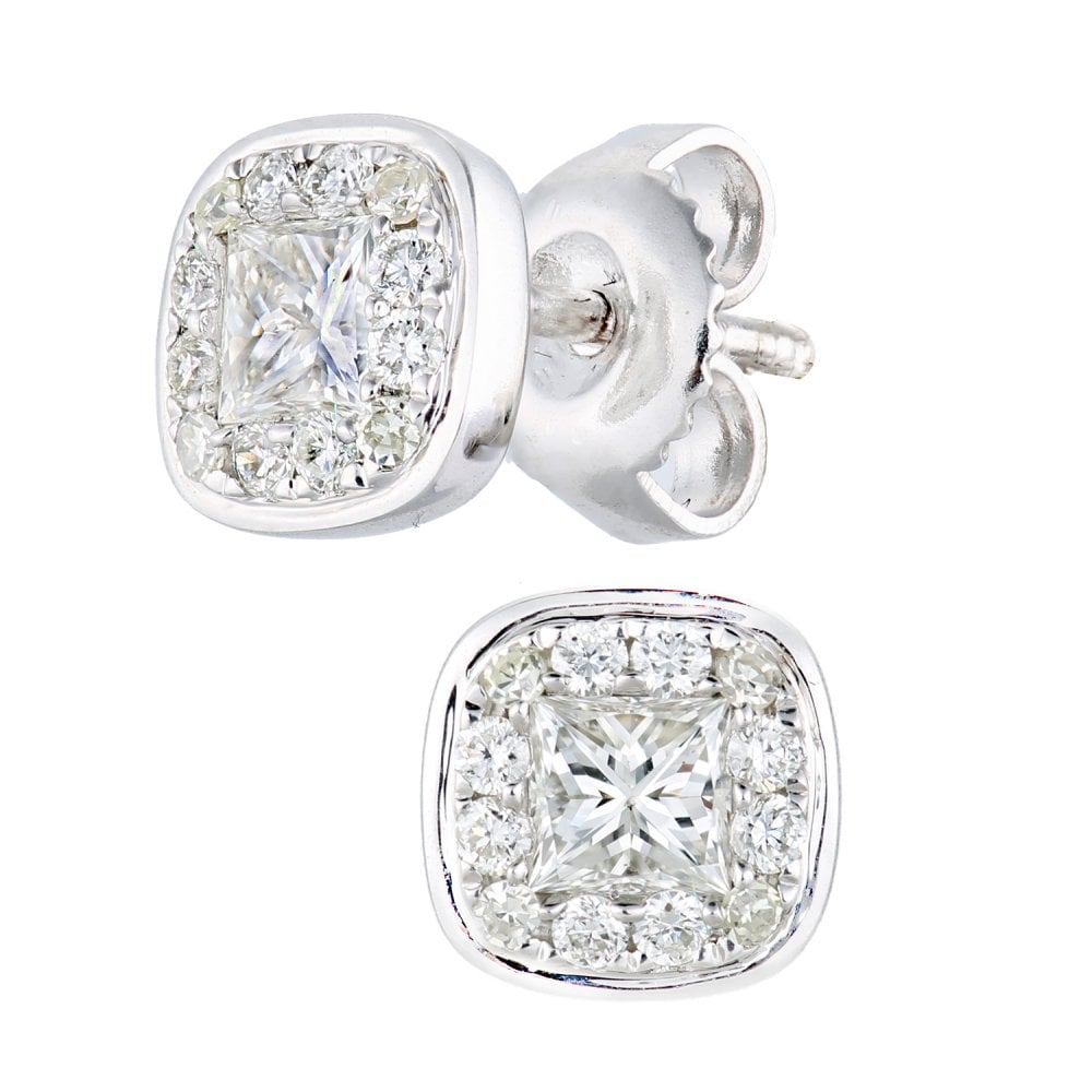 SPARKLD 9ct White Gold Princess 0.57ct Diamond Halo Stud Earrings