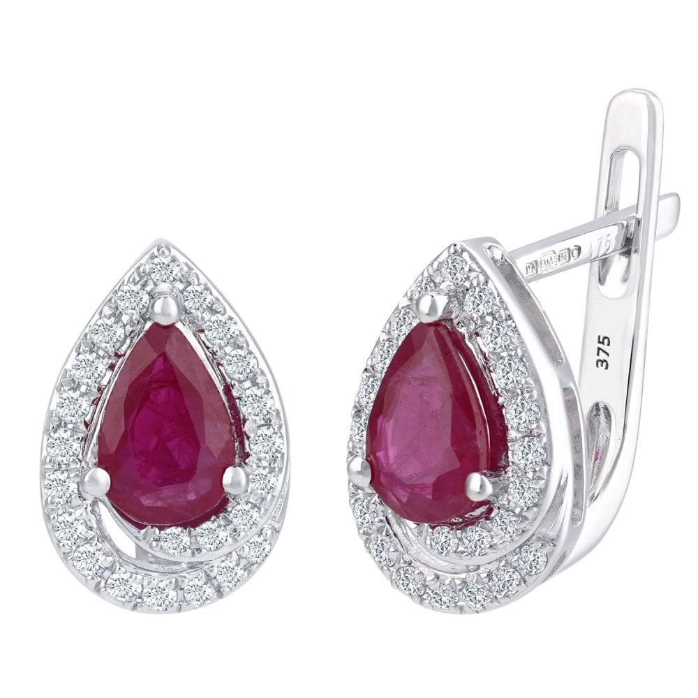 SPARKLD 9ct White Gold Ruby and 0.20ct Diamond Teardrop Stud Earrings