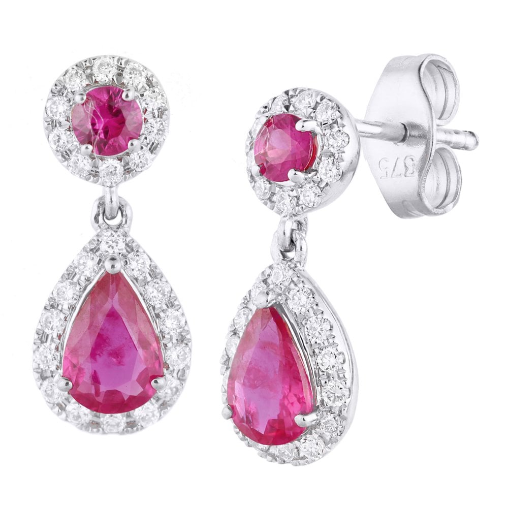 SPARKLD 9ct White Gold Ruby and 0.25ct Diamond Teardrop Halo Earrings