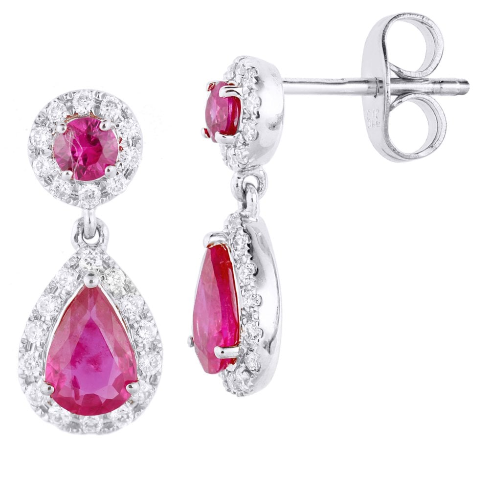 SPARKLD 9ct White Gold Ruby and 0.25ct Diamond Teardrop Halo Earrings