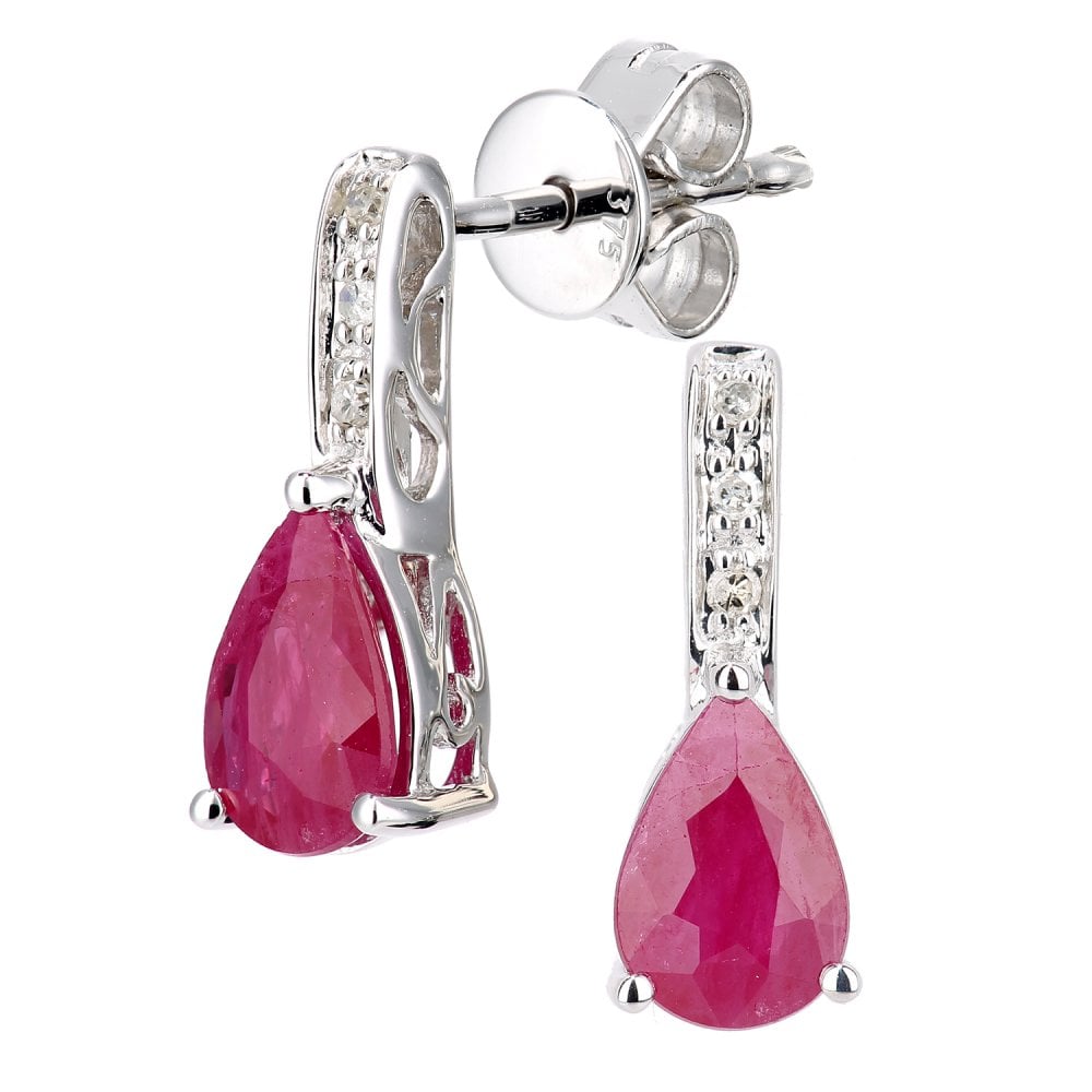 SPARKLD 9ct White Gold Ruby Teardrop 0.03ct Diamond Drop Earrings