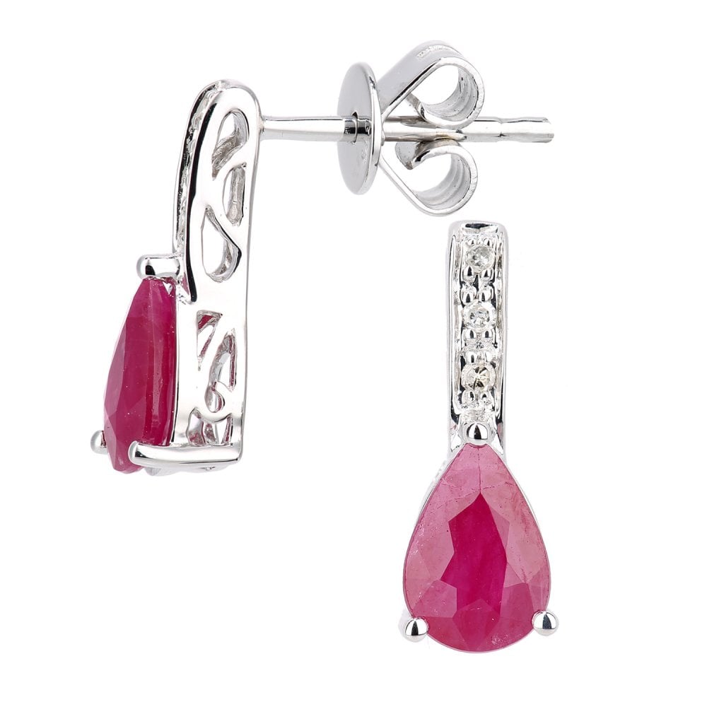 SPARKLD 9ct White Gold Ruby Teardrop 0.03ct Diamond Drop Earrings