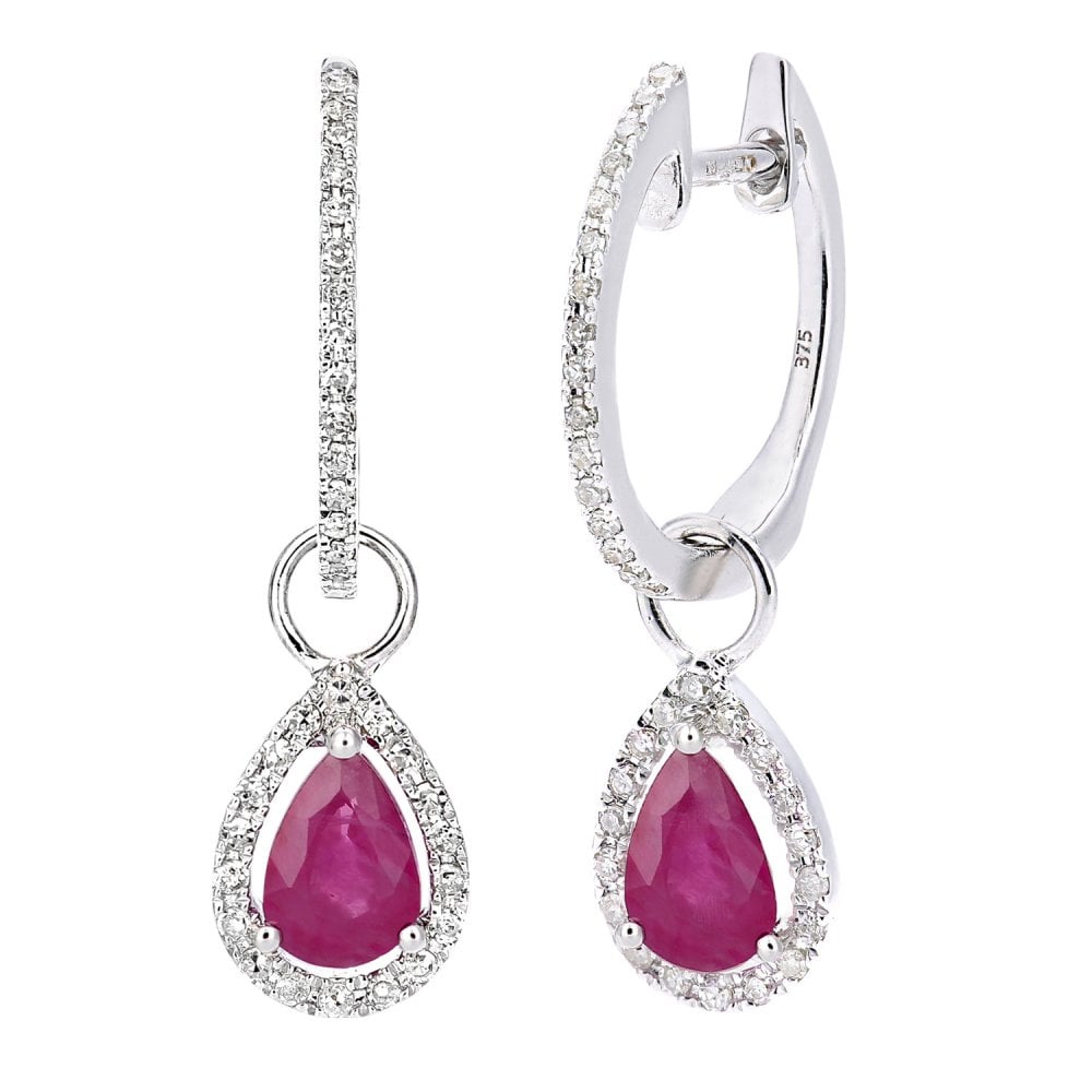 SPARKLD 9ct White Gold Ruby Teardrop 0.20ct Diamond Earrings