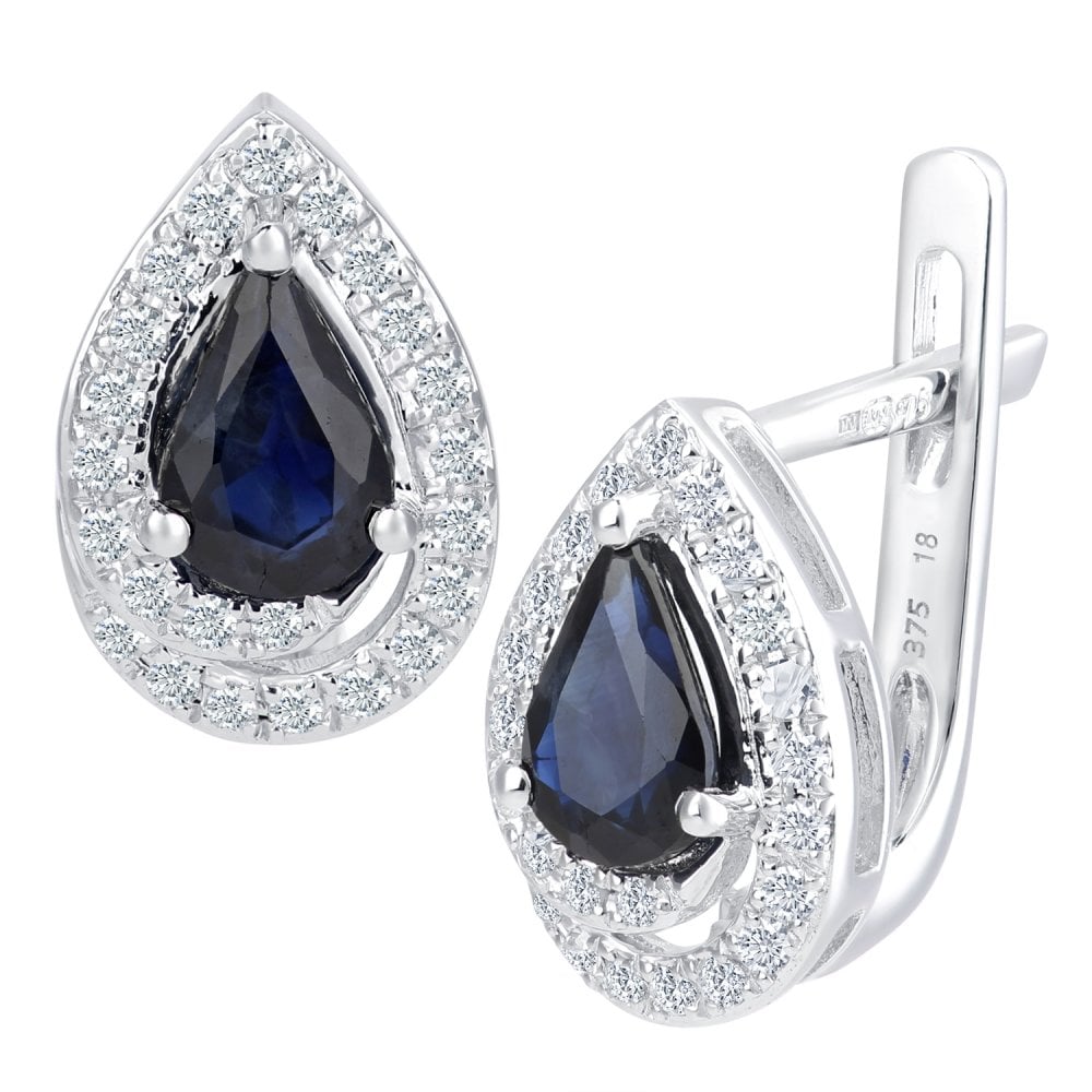 SPARKLD 9ct White Gold Sapphire and 0.20ct Diamond Teardrop Stud Earrings