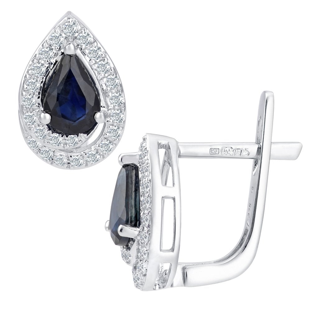 SPARKLD 9ct White Gold Sapphire and 0.20ct Diamond Teardrop Stud Earrings