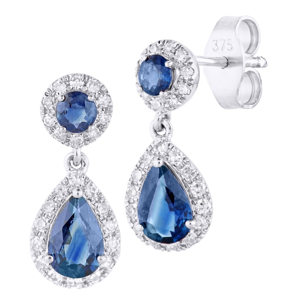 SPARKLD 9ct White Gold Sapphire and 0.25ct Diamond Teardrop Halo Earrings