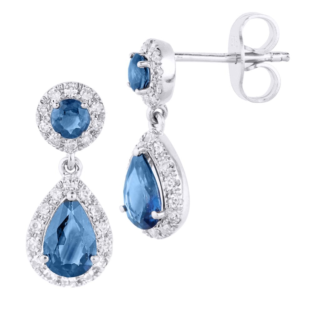 SPARKLD 9ct White Gold Sapphire and 0.25ct Diamond Teardrop Halo Earrings