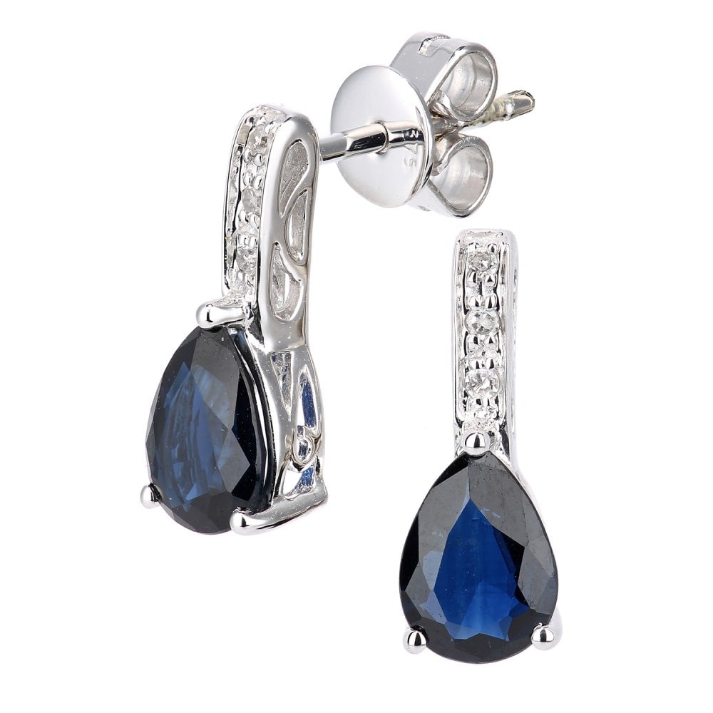 SPARKLD 9ct White Gold Sapphire Teardrop 0.03ct Diamond Drop Earrings