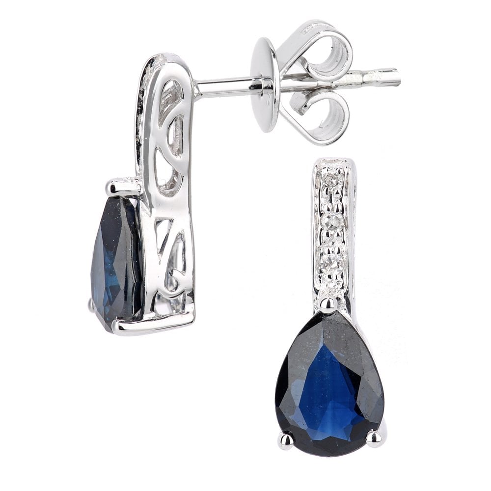 SPARKLD 9ct White Gold Sapphire Teardrop 0.03ct Diamond Drop Earrings