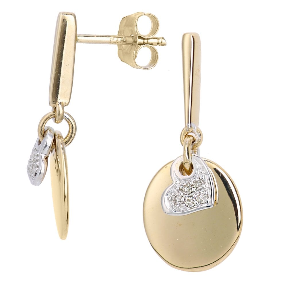 SPARKLD 9ct Yellow and White Gold 0.04ct Diamond Heart Drop Earrings