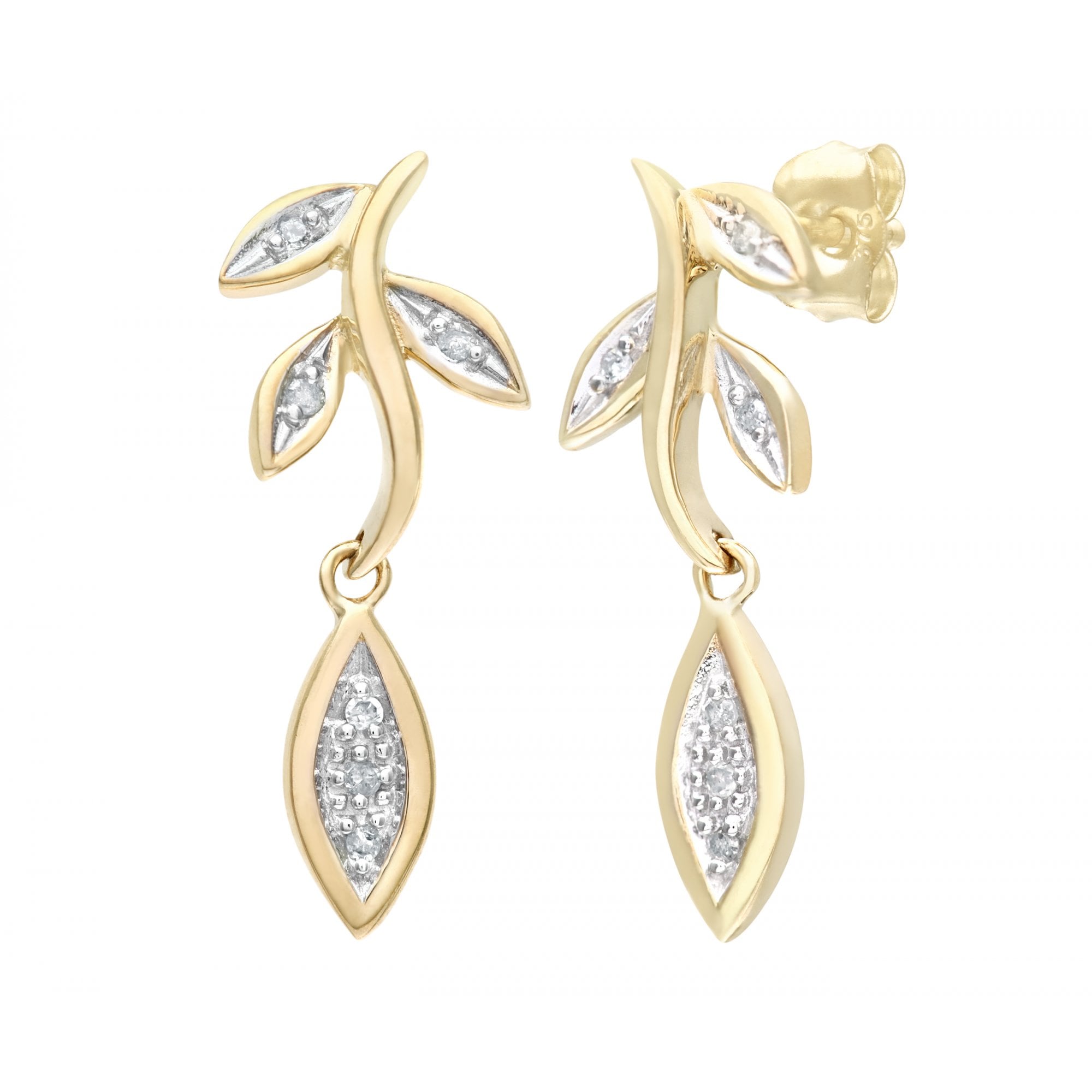 SPARKLD 9ct Yellow Gold 0.05ct Diamond Leaf Drop Earrings