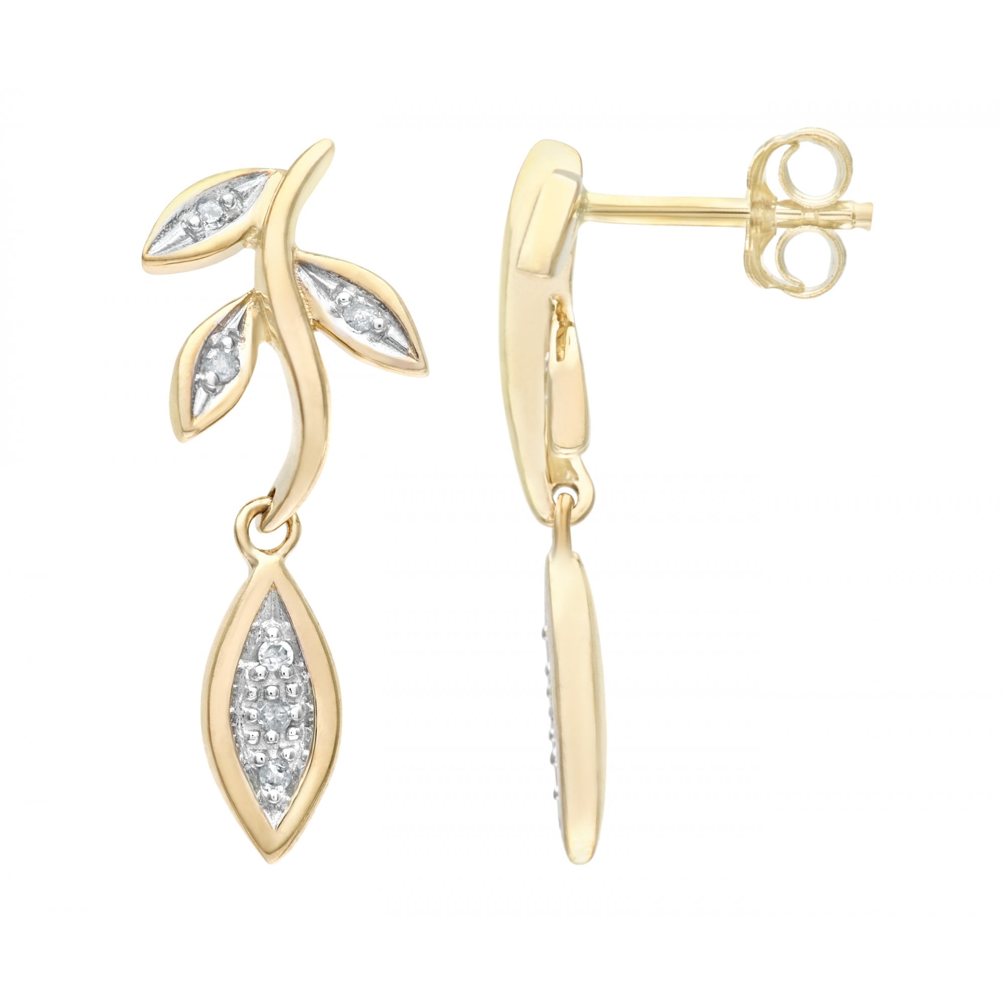 SPARKLD 9ct Yellow Gold 0.05ct Diamond Leaf Drop Earrings
