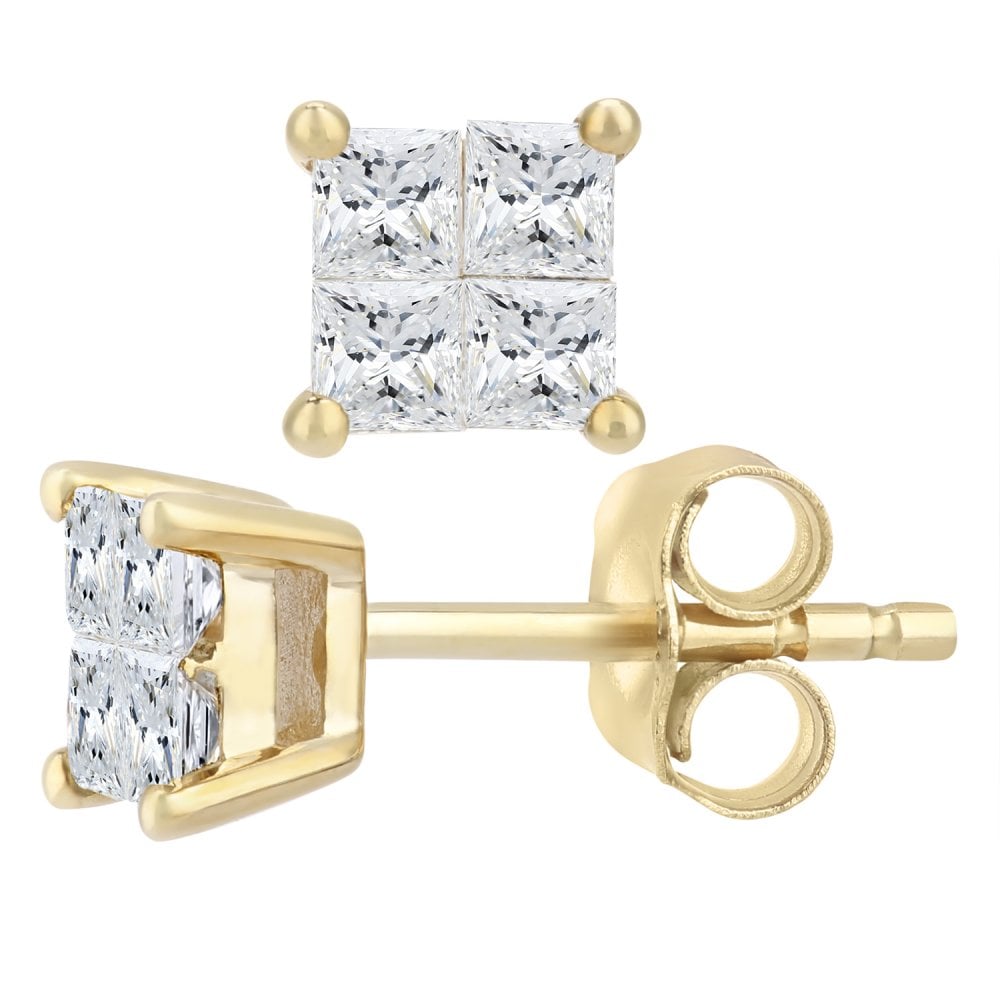 SPARKLD 9ct Yellow Gold 0.33ct Princess Diamond Solitaire Stud Earrings