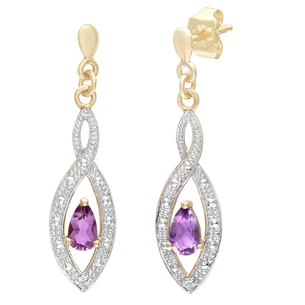 SPARKLD 9ct Yellow Gold Amethyst and 0.01ct Diamond Teardrop Earrings
