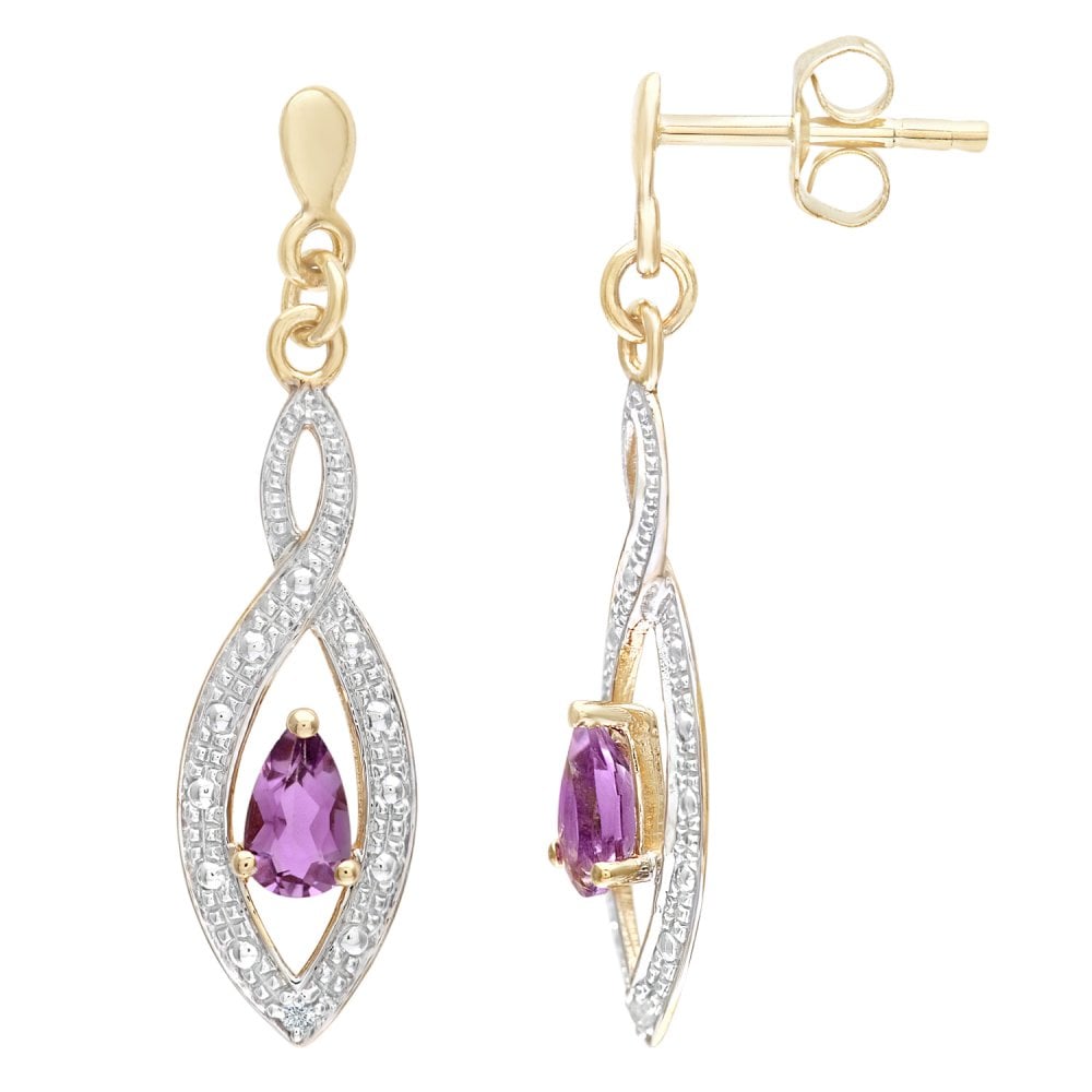 SPARKLD 9ct Yellow Gold Amethyst and 0.01ct Diamond Teardrop Earrings