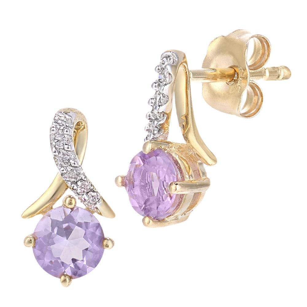 SPARKLD 9ct Yellow Gold Amethyst and 0.05ct Diamond Crossover Stud Earrings