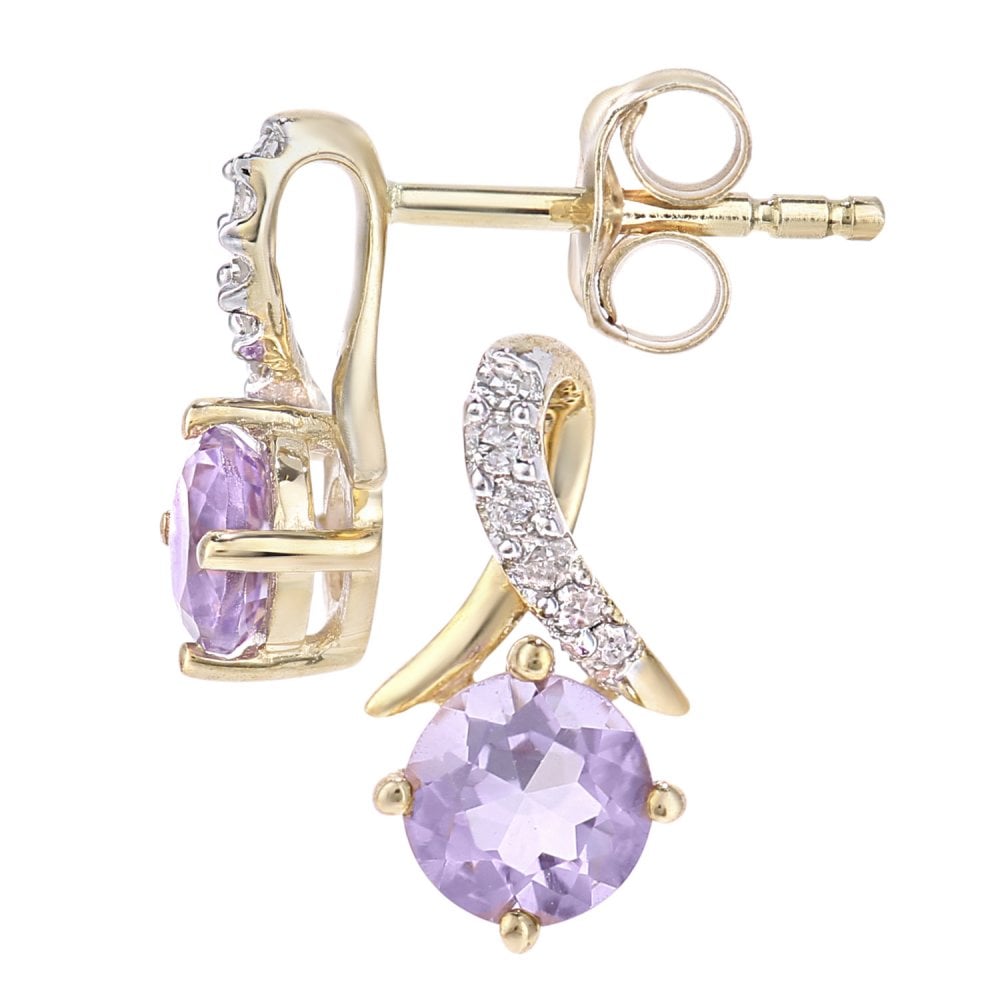 SPARKLD 9ct Yellow Gold Amethyst and 0.05ct Diamond Crossover Stud Earrings