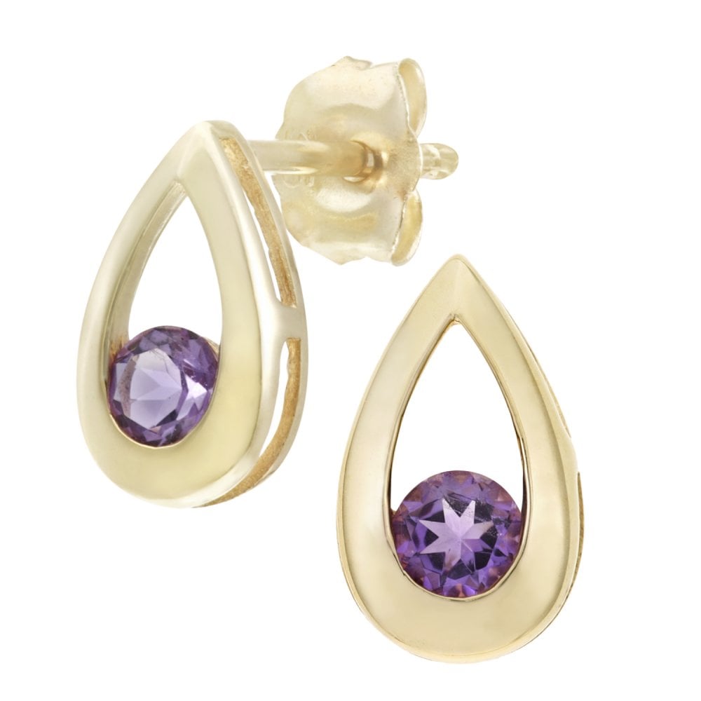 SPARKLD 9ct Yellow Gold Amethyst Teardrop Stud Earrings