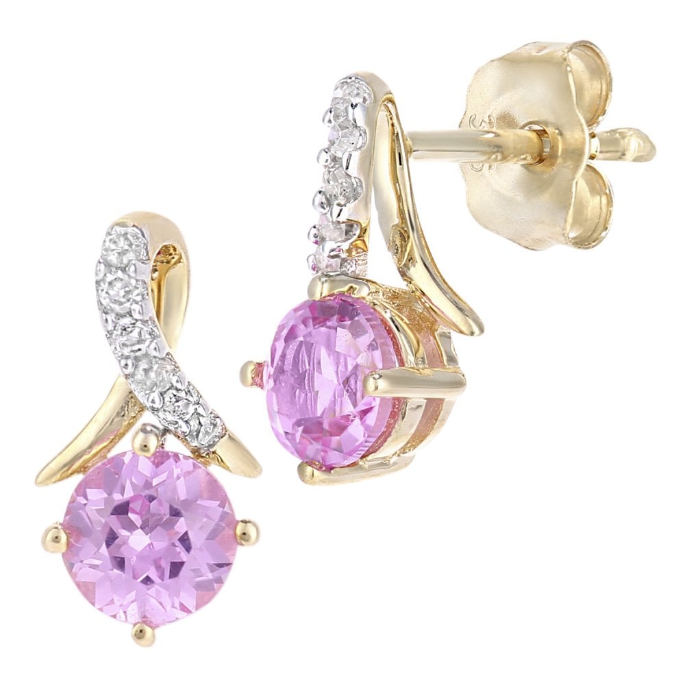 SPARKLD 9ct Yellow Gold Created Pink Sapphire and 0.05ct Diamond Crossover Stud Earrings