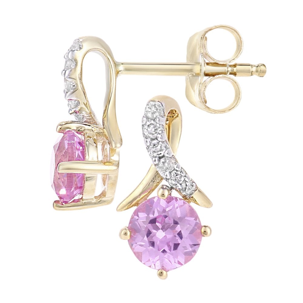 SPARKLD 9ct Yellow Gold Created Pink Sapphire and 0.05ct Diamond Crossover Stud Earrings