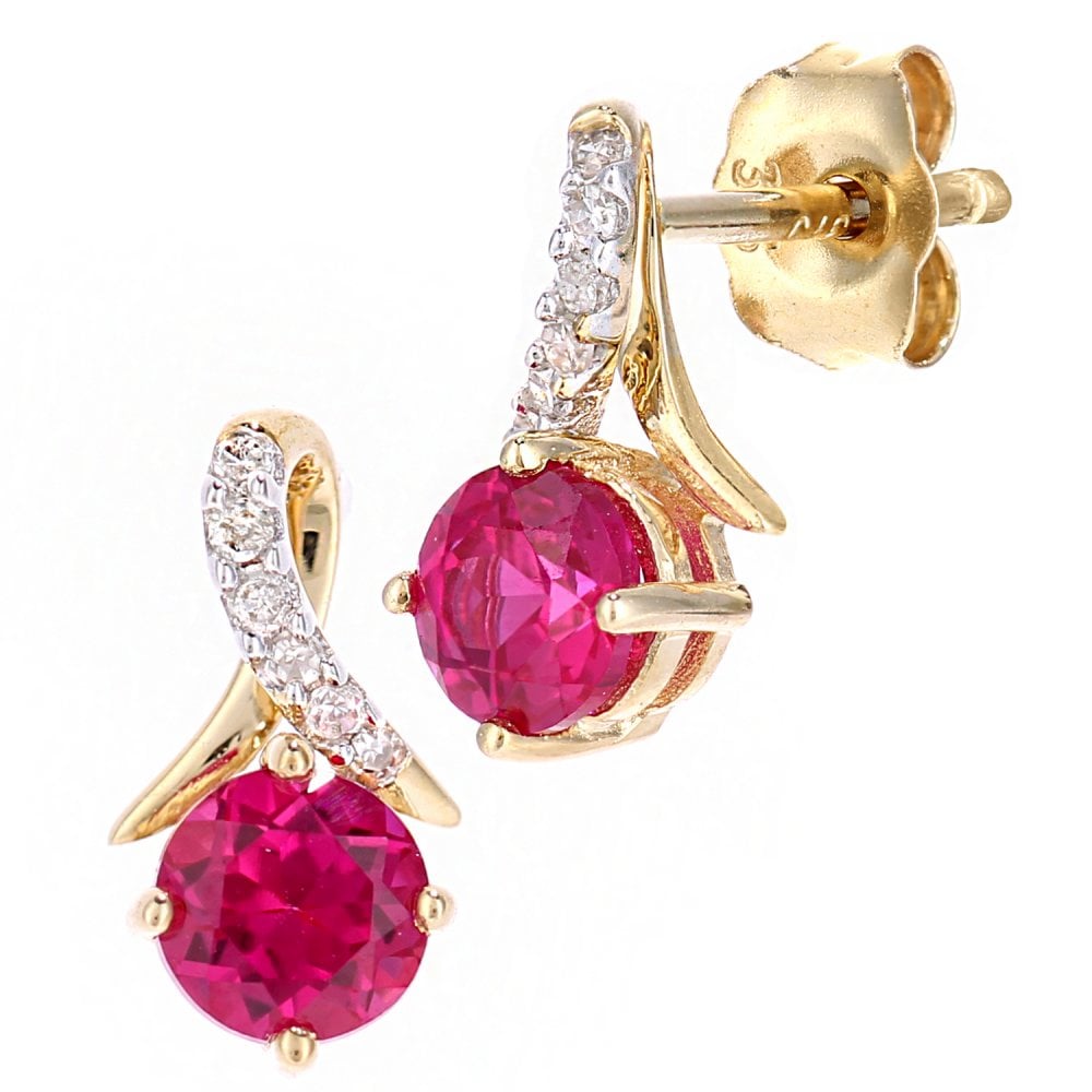 SPARKLD 9ct Yellow Gold Created Ruby and 0.05ct Diamond Crossover Stud Earrings