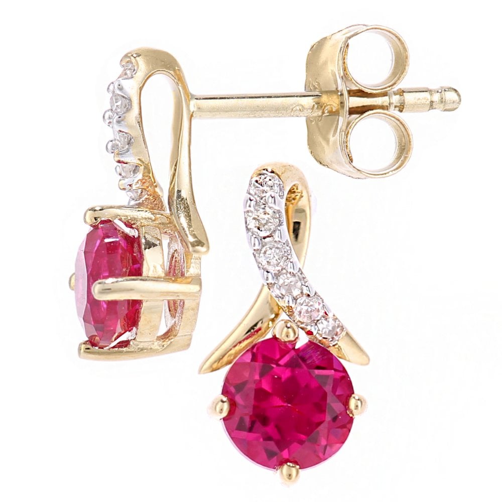 SPARKLD 9ct Yellow Gold Created Ruby and 0.05ct Diamond Crossover Stud Earrings