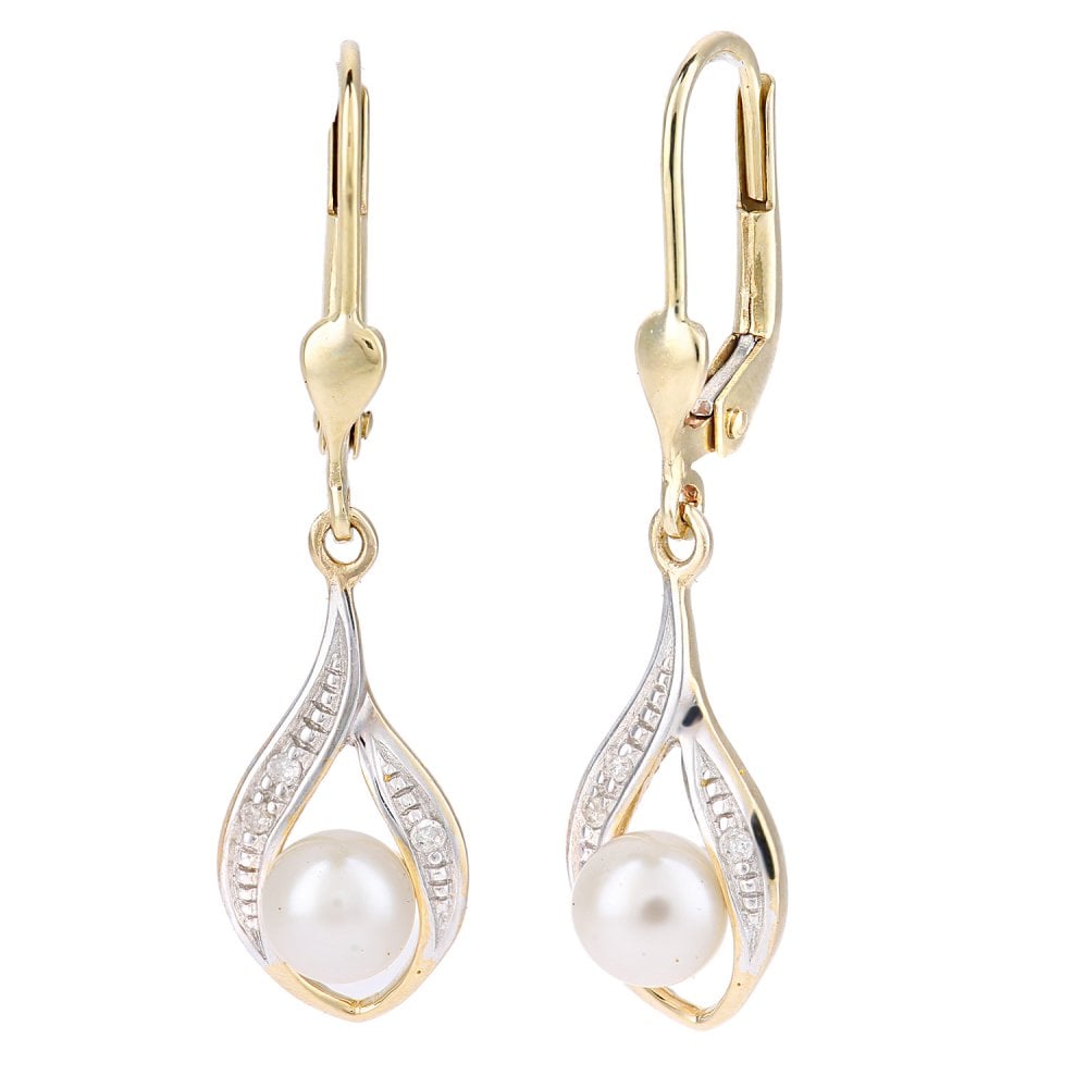 SPARKLD 9ct Yellow Gold Cultured Pearl 0.04ct Diamond Drop Earrings