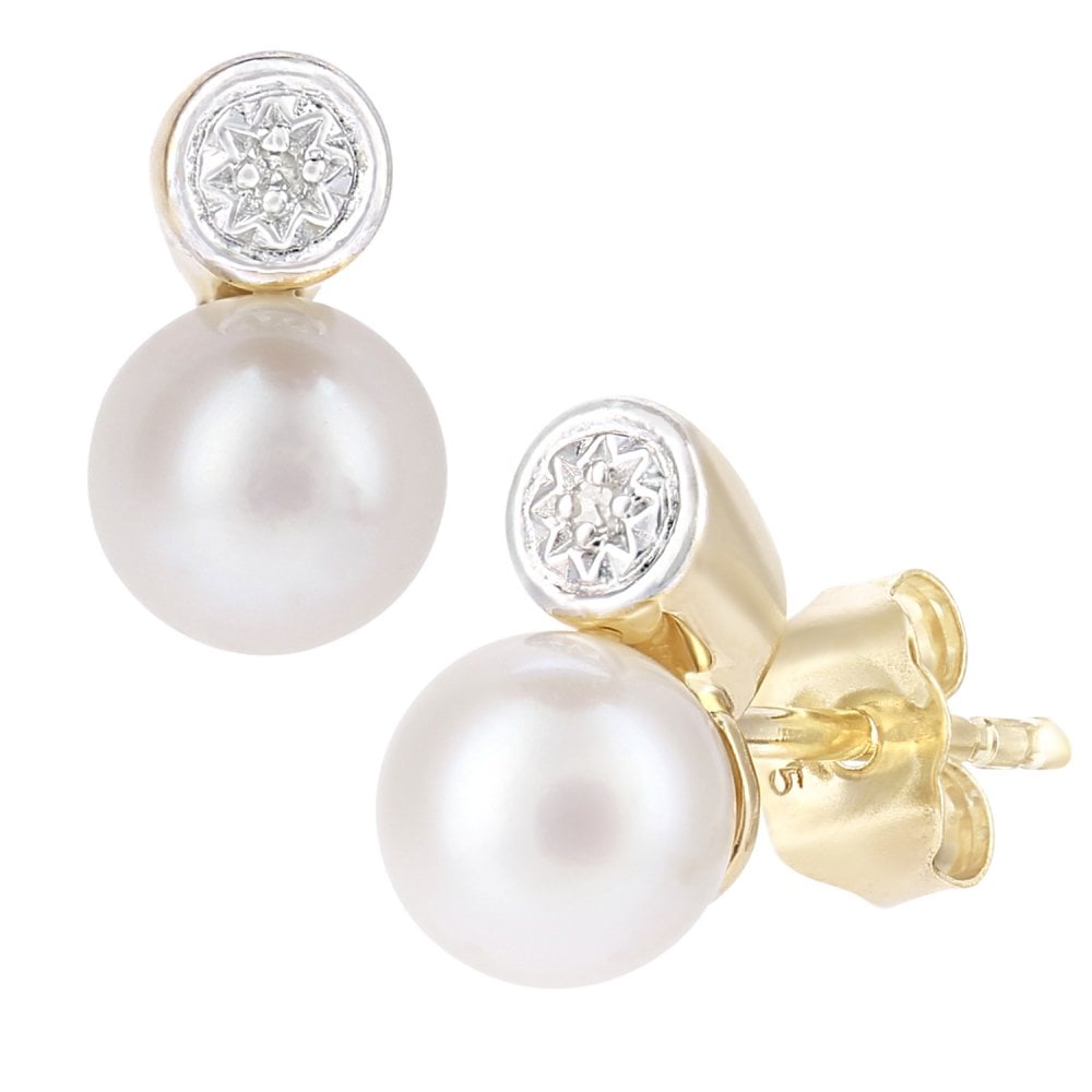 SPARKLD 9ct Yellow Gold Cultured Pearl and 0.01ct Diamond Stud Earrings