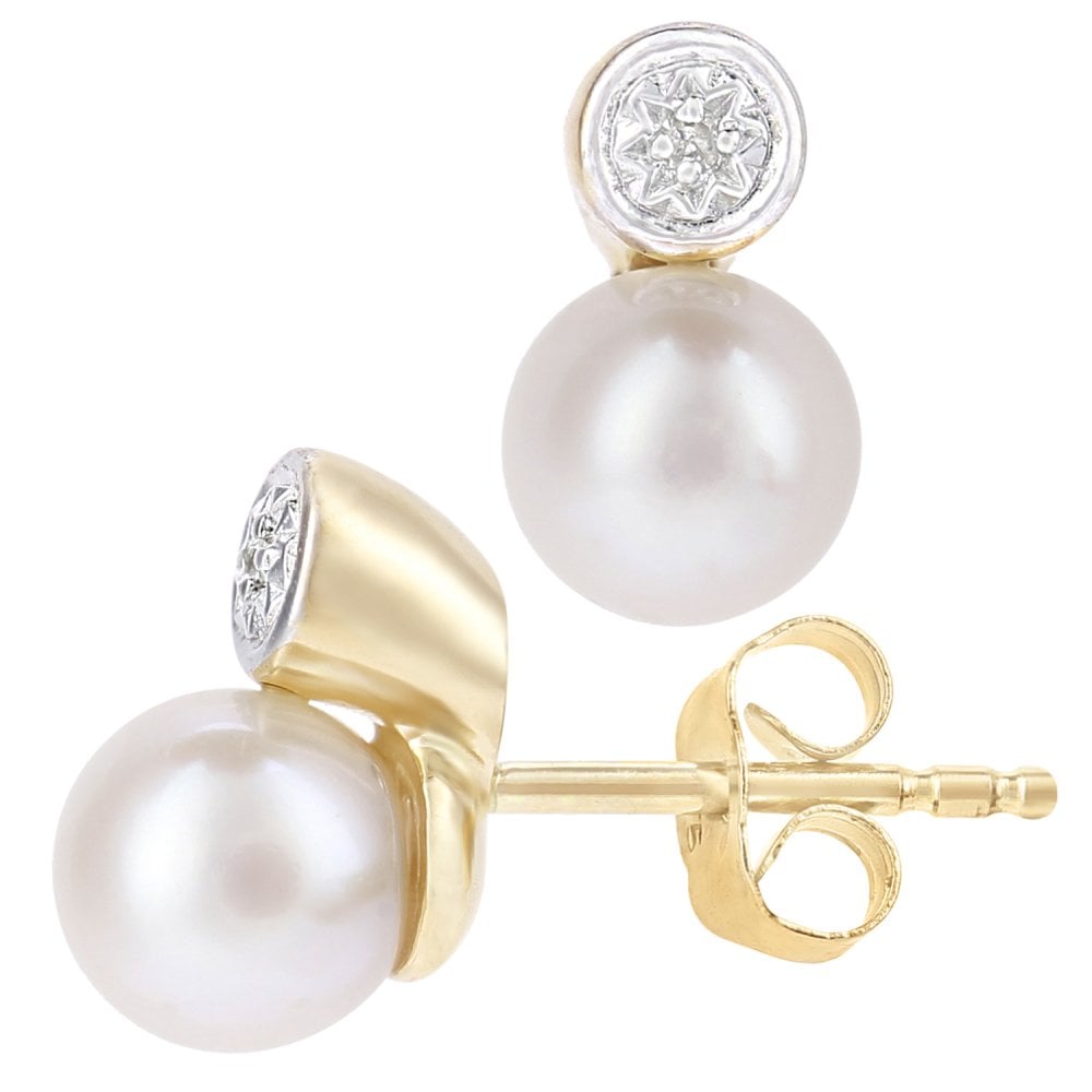 SPARKLD 9ct Yellow Gold Cultured Pearl and 0.01ct Diamond Stud Earrings