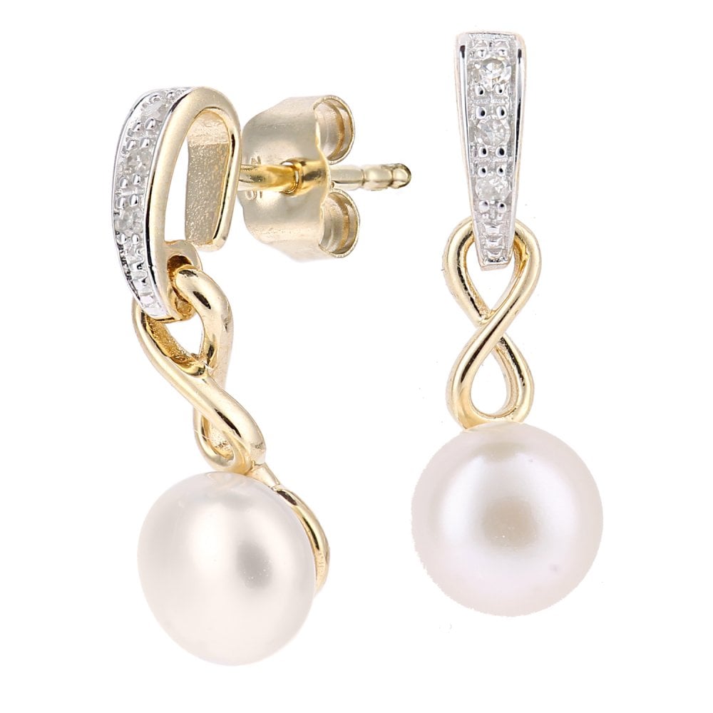 SPARKLD 9ct Yellow Gold Cultured Pearl Infinity 0.04ct Diamond Drop Earrings