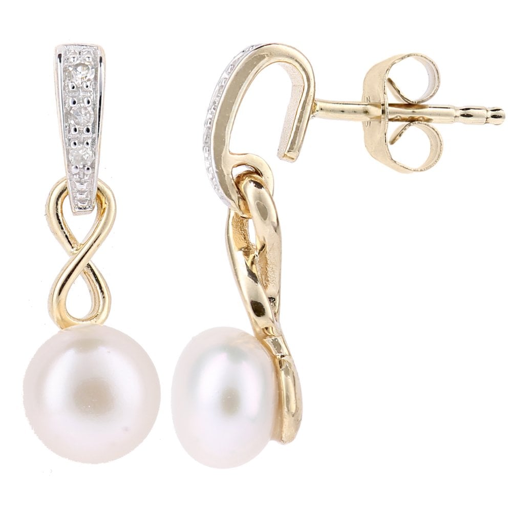 SPARKLD 9ct Yellow Gold Cultured Pearl Infinity 0.04ct Diamond Drop Earrings